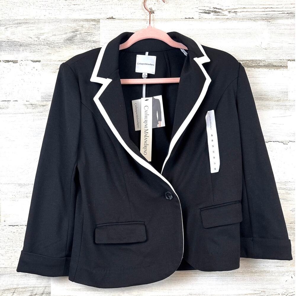 Catherine Malandrino Womens S Black Ponte Knit Blazer White Trim NWT